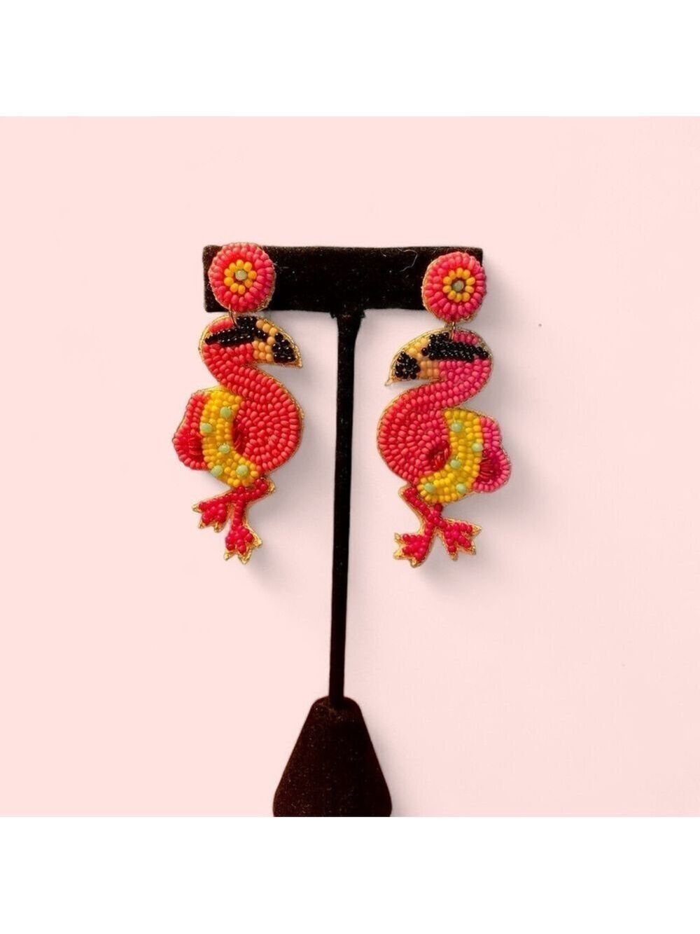 Viola Flamingo Beaded Earrings, Pink & Yellow, 3” x 1”, Colorful, New with Tags